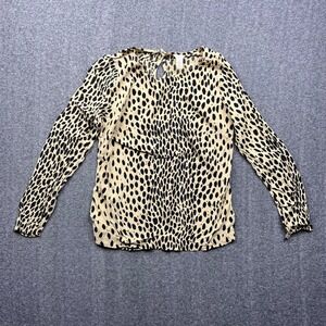 J.Crew Blouse Womens 00 Tan Black Animal Print Long Sleeve Keyhole Rayon Top